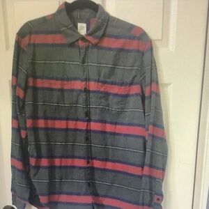 GAP Men's Gray and Red Striped Button-Up Shirt